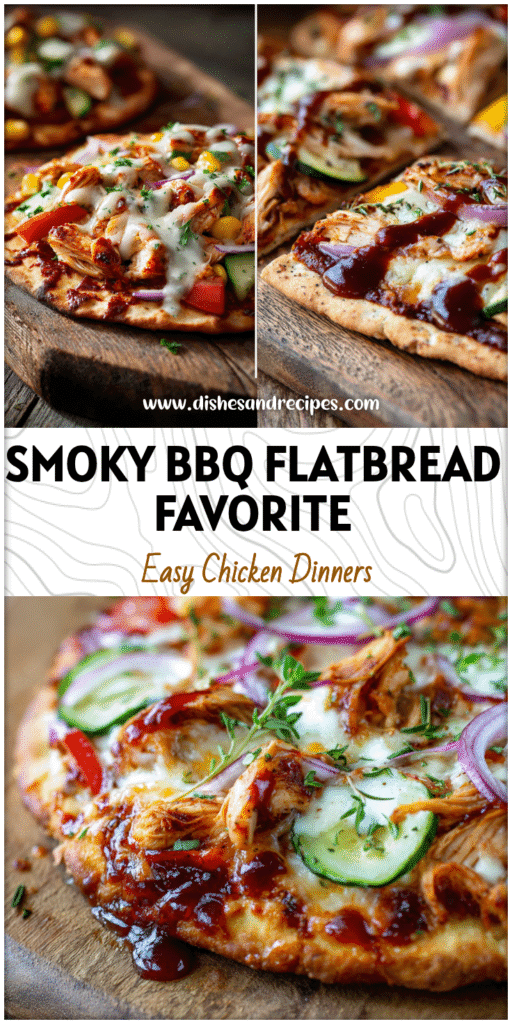 BBQ chicken flatbread pizza with melted cheese, BBQ sauce, and herbs on a rustic wooden board